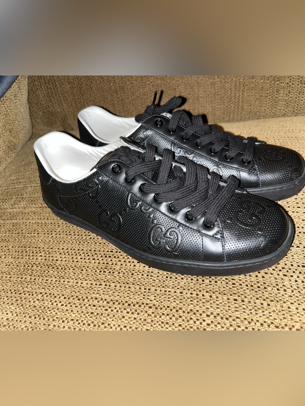 Gucci Black Embossed GG Leather Low-Top Sneakers
